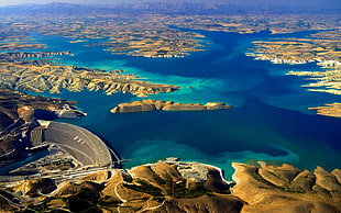 aerial view of mountains surrounding water and dam, lake, dam, Turkey, blue HD wallpaper