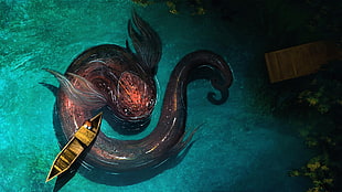 brown and red sea animal painting, fish, boat, fantasy art, dock HD wallpaper