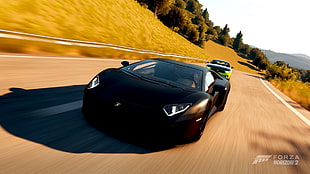 black sports car, Forza Horizon 2, car, supercars, Lamborghini Aventador HD wallpaper