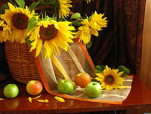 yellow artificial sunflowers and apple fruits HD wallpaper