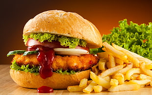 close up photo burger and fried fries HD wallpaper