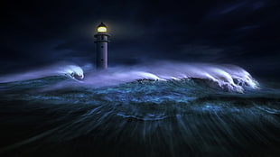 white light tower, Nikos Bantouvakis, 500px, night, sea HD wallpaper