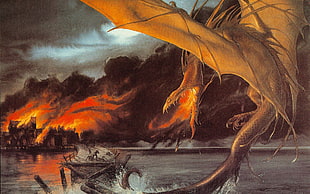 orange dragon illustration, The Hobbit, Smaug, dragon, fantasy art HD wallpaper