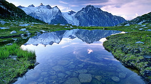 snow covered mountain, lake, mountains