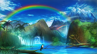 black and white toucan illustration, anime, fantasy art, colorful, rainbows HD wallpaper