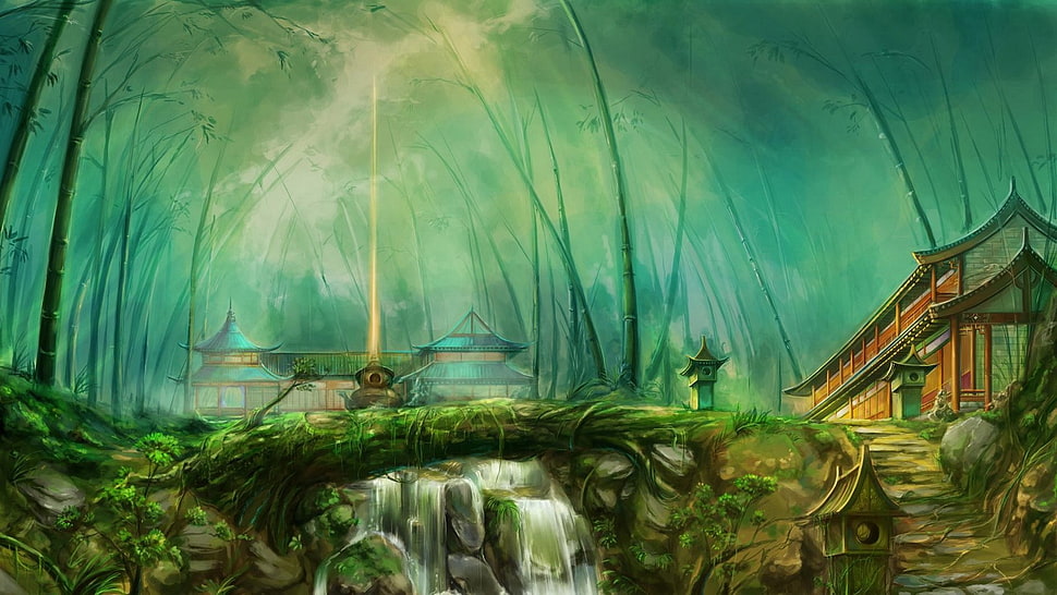 Waterfalls Near Temples Landscape Painting Fantasy Art Forest Temple River Hd Wallpaper Wallpaper Flare