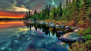 calm body of water, landscape, lake, sunset, trees