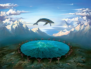 whale above people artwork, fantasy art, whale