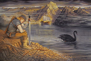 painting of man holding sword, painting, swan, river, sword HD wallpaper