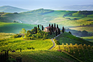 white concrete house, landscape, Italy, hills, field