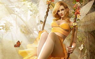 fairy sitting on swing chair illustration HD wallpaper