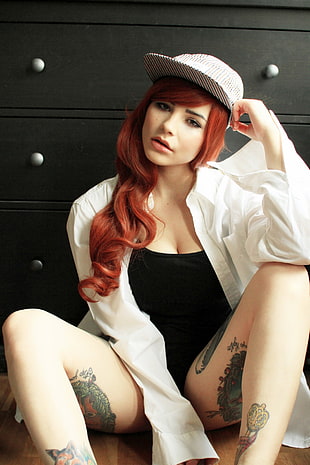 women's white dress shirt, women, model, redhead, long hair