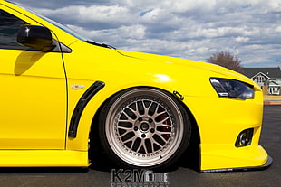 yellow sports car, car, yellow cars, Mitsubishi Lancer Evo X, vehicle HD wallpaper