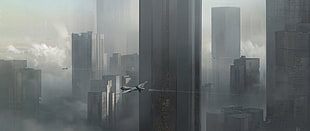 airplane near high-rise buildings, fantasy art, MQ-9 Reaper HD wallpaper