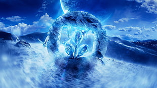 blue clouds, planet, owl, winter, ice HD wallpaper