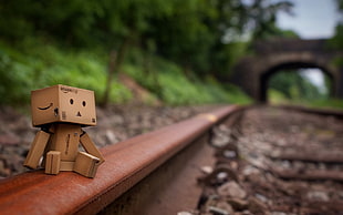 selective focus photography of cardboard box robot