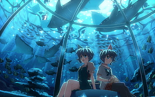 two anime character sitting in aquarium scene HD wallpaper