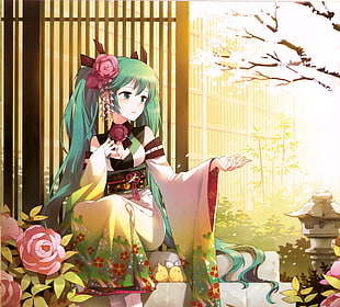 green haired female anime character illustration HD wallpaper