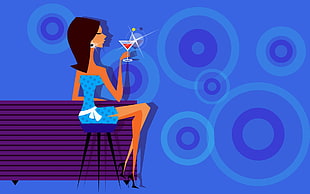 woman in blue holding cocktail glass sitting near on bar table illustration