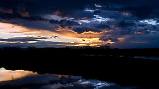 gray clouds, landscape, sunset, reflection, clouds HD wallpaper