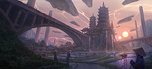 pagoda temple with bridge digital wallpaper, science fiction, palace, fantasy art, futuristic HD wallpaper