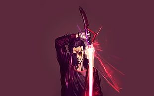 man holding purple and red light saber sword illustration HD wallpaper