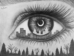 high rise building inside eye with big lashes sketch HD wallpaper