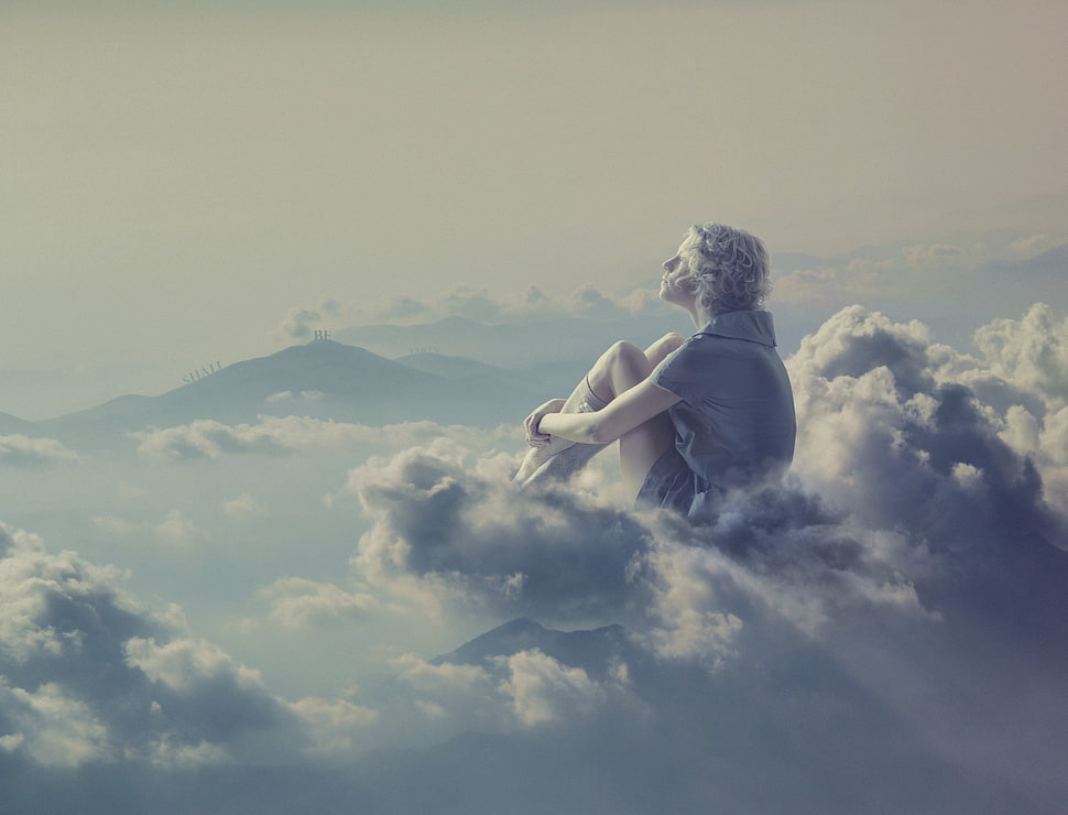 photo of man sitting on clouds HD wallpaper