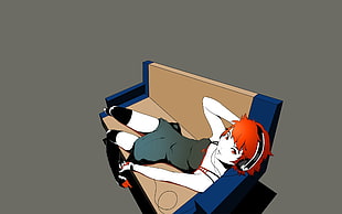 woman lying on sofa wearing headphones illustration HD wallpaper