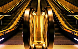 brown wooden framed glass top table, escalator, yellow, ladders, macro