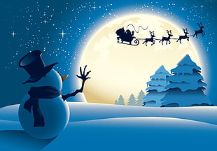 snowman and silhouette of Santa Claus riding sleigh digital wallpaper