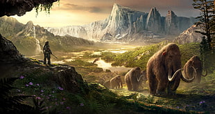 man standing on hill near mammoths at daytime HD wallpaper