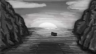 grayscale painting of boat on sea between rock formation, landscape, graphic design, boat, rock HD wallpaper