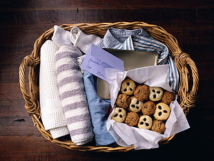 cookie in box and shirts in woven basket HD wallpaper