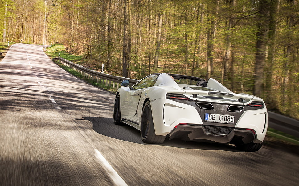 white and black super car passing through the road between trees HD wallpaper