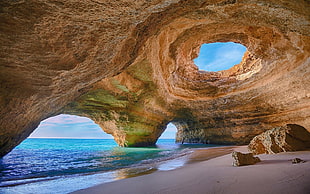 brown cave and body of water, Portugal, cave, beach, rock HD wallpaper