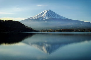 snow covered mountain reflecting on lake photo