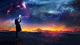 woman on mountain looking at starry night HD wallpaper