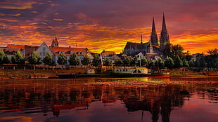 scenery of city building, Regensburg, sunset, Donau, river HD wallpaper
