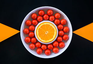 cherry tomatoes and lemon, orange (fruit), minimalism, food HD wallpaper