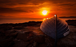 white and black dome tent, boat, rock, sunset HD wallpaper