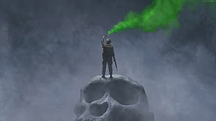soldier standing on giant animal skull illustration HD wallpaper