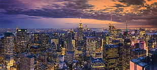 blue and white building painting, lights, cityscape, clouds, New York City