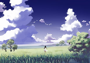 female anime character in the middle of open field HD wallpaper