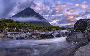 landscape photography of mountain and river during day time HD wallpaper