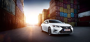 silver Lexus sedan near intermodal container HD wallpaper