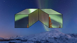 two green cubes illustration, space, stars, aurorae, mountains