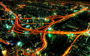 high-rise buildings, highway, cityscape, night, aerial view HD wallpaper