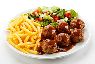 meat balls and potato fries with vegetables HD wallpaper