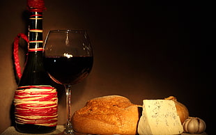 still-life photograph on wine near glass beside breads HD wallpaper